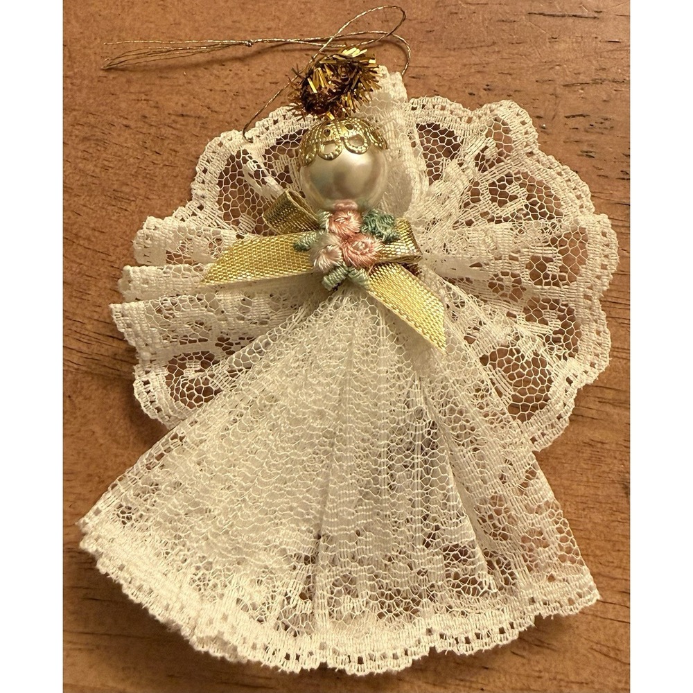 WHITE PEARL ANGEL CHRISTMAS TREE ORNAMENT 4" LACE